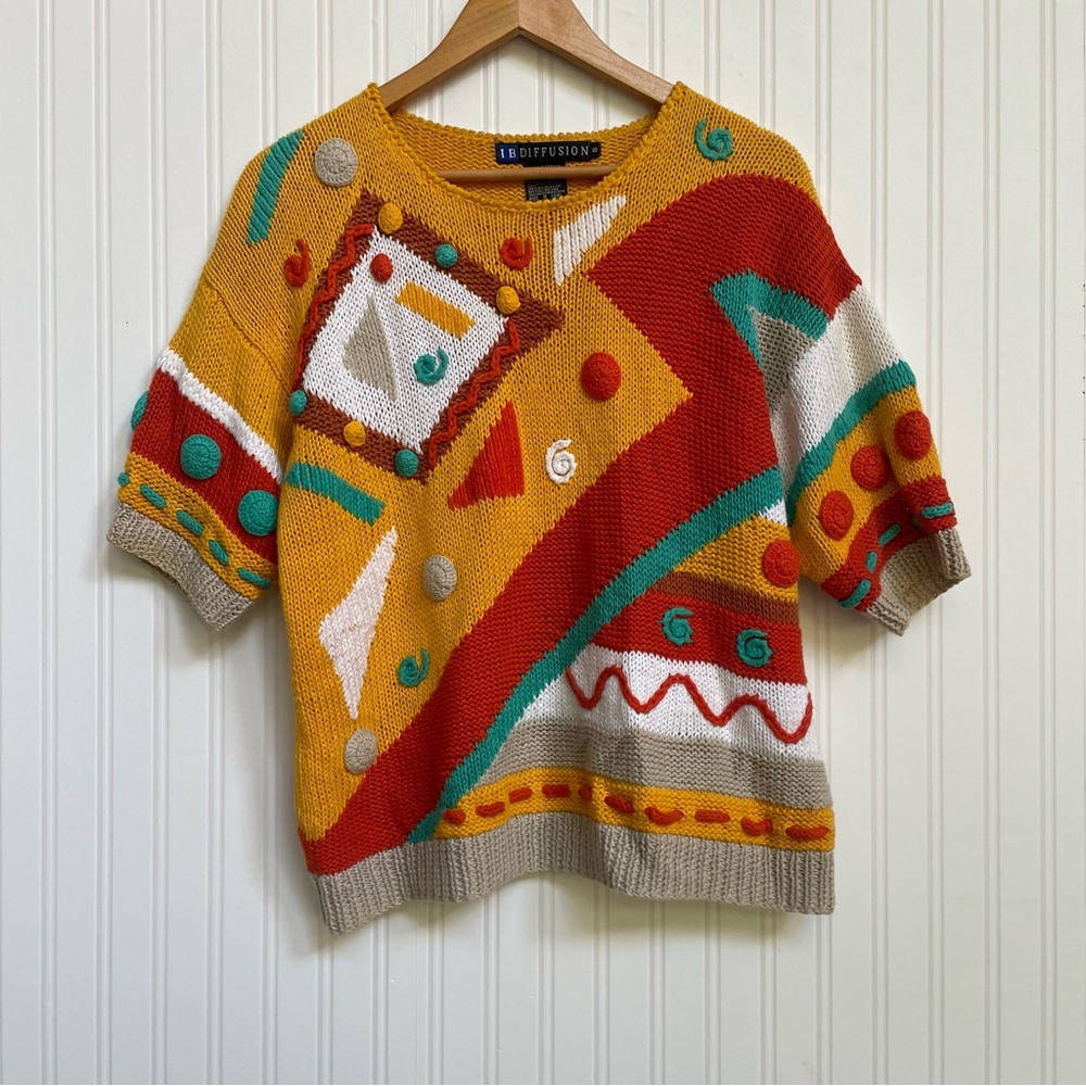 I.B. Diffusion Geometric Patches Artsy Button Sweater Vintage 90's, Size Small